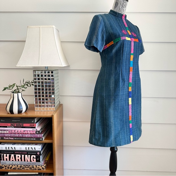 Vintage 1970s Indigo Stripe Embroidered Dress Boho Hippie 70s - Picture 4 of 9